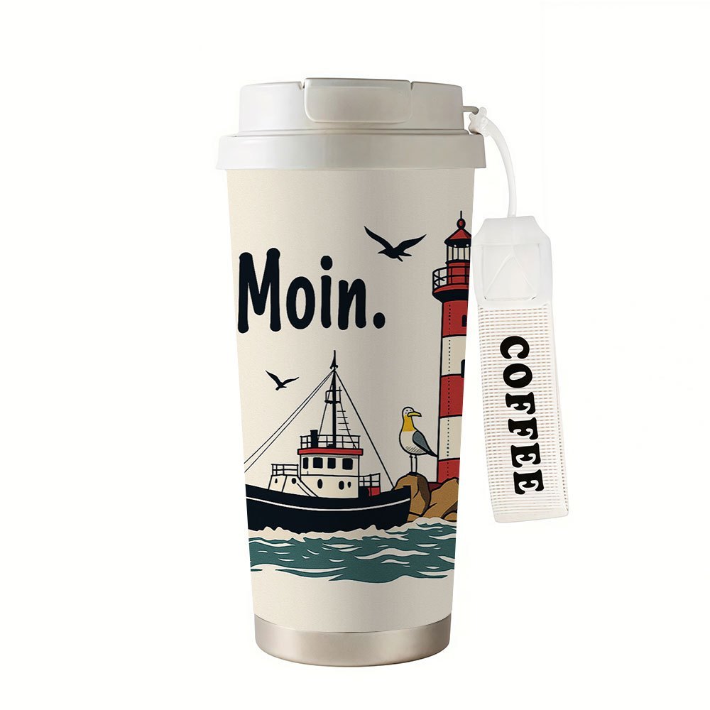 1pc 18oz Coffee Stainless Steel Tumbler, Leak-proof, Gift Idea, Nautical Lighthouse Theme