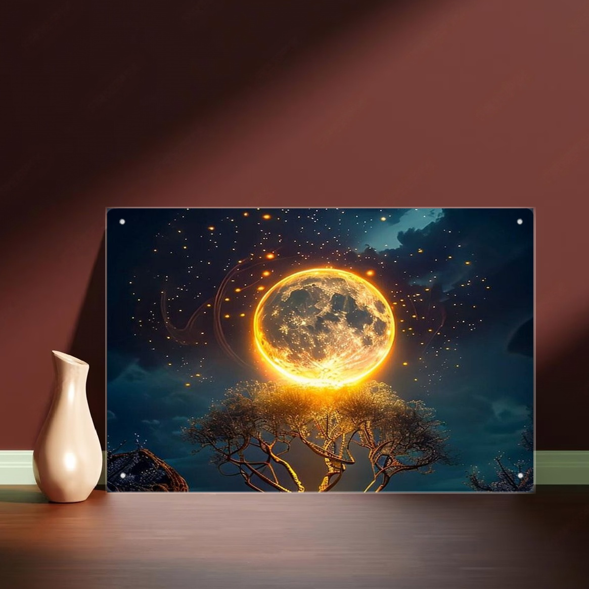 2D Flat, Vintage Moonlit Night Sky Wall Art - 19.81x29.97 cm Artificial Wood Frameless Wall Decor with Glowing Moon & Stars, Light Yellow Distressed Finish for Home, Bar, Cafe, Office, Garage - No Electricity Needed, Easy to Hang, Moon Decor, Bar Decoration, Celestial Theme, Cafe Decor, Bars And Cafes, Homeservatives