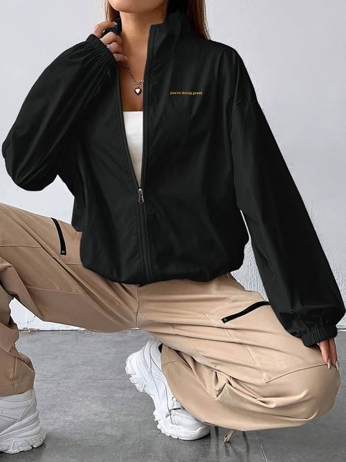chaqueta de 1 pieza para mujer de fibra de poliéster con elegante y estampado en el pecho con amarilla youre doing great, cuello casual, cremallera, largas, rápido, cintura con cordón, cortavientos y , disponible en varios colores, material de fibra de