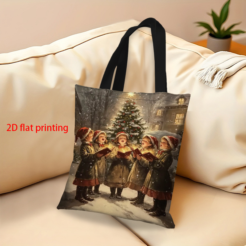 TEMU 1pc Large Tote Bag - Christmas In Scene With Vintage ' - Open Bag For Women, Holiday Gift - Durable Fabric (13.19x14.96 Inch) - Winter Tote For
