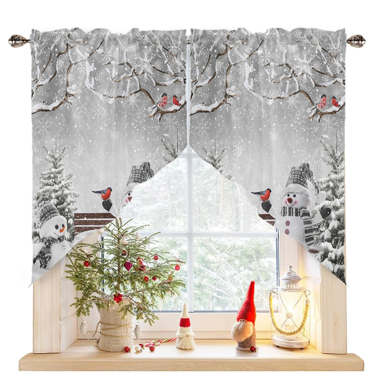 TEMU 2pcs Of Triangular Polyester Machine-washable Small Curtains, Featuring A Modern Minimalist Style With Snowman, Snowflake, And Bird Patterns,