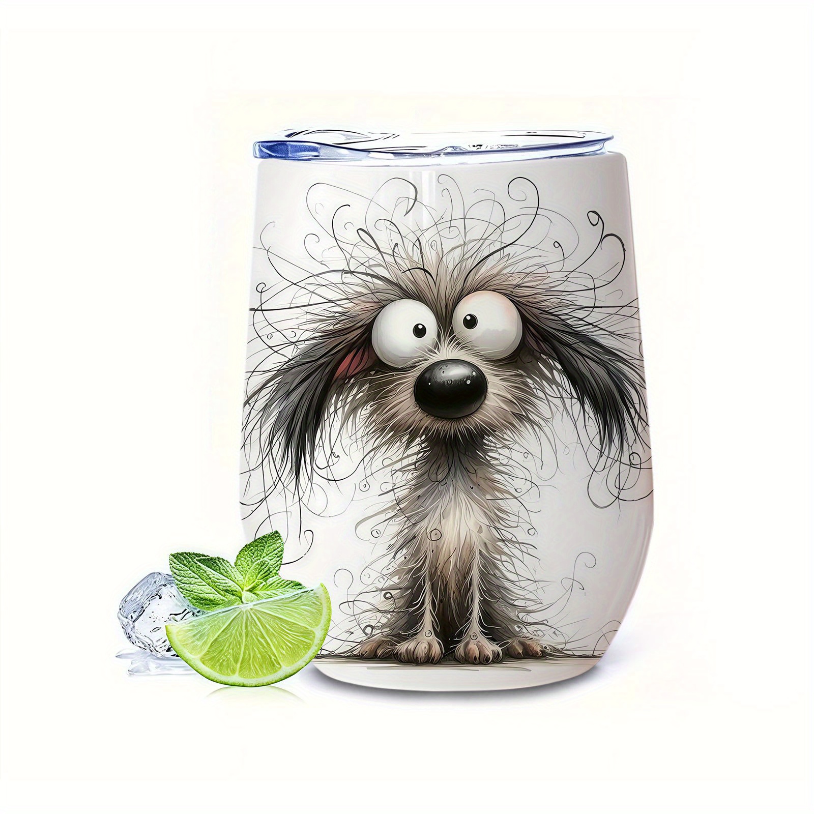 -piece Insulated Cup Featuring A Curly-haired Dog And A Big-, Silly Eggshell Design, Made Of Stainless Steel. It Drinks Hot Or Cold, Suitable For , Office Use, And Parties