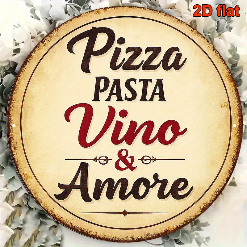 E-shop 2D Flach, 1 Stück Runde Aluminium Wandschild 20,32x20,32cm - " Wein & Amore" Vintage Italienisches Thema Dekorative Plakette mit Weingläsern &
