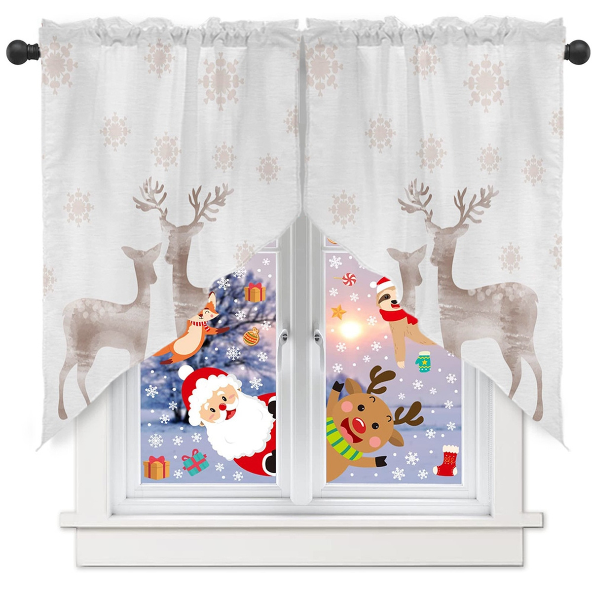 TEMU 2pcs Triangular Polyester Machine-washable Nordic Style Minimalist Snowflake And Deer Pattern Curtains, Bedroom Window Panels – Kitchen, Living