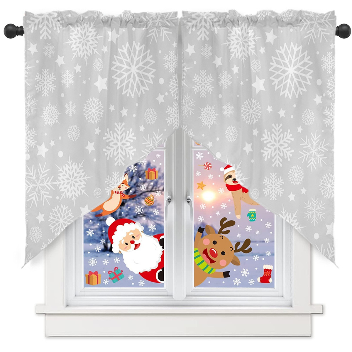 TEMU 2pcs Of Triangular Polyester Machine-washable Curtains Featuring A Nordic Style Snowflake Star Pattern, Suitable For Bedroom Drapes, Winter