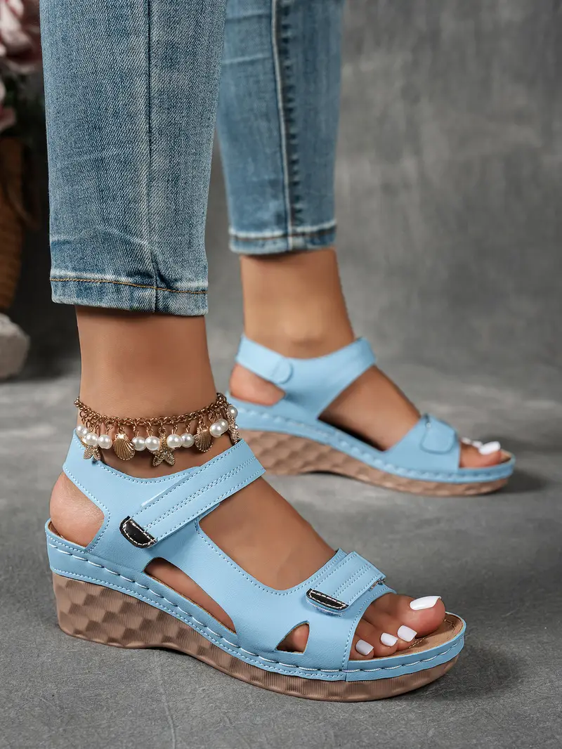 womens summer casual black sandals breathable pu cover open toe platform heel adjustable ankle strap with hook loop closure comfortable wedge heel stylish beach footwear for strappy sandals Product details 9