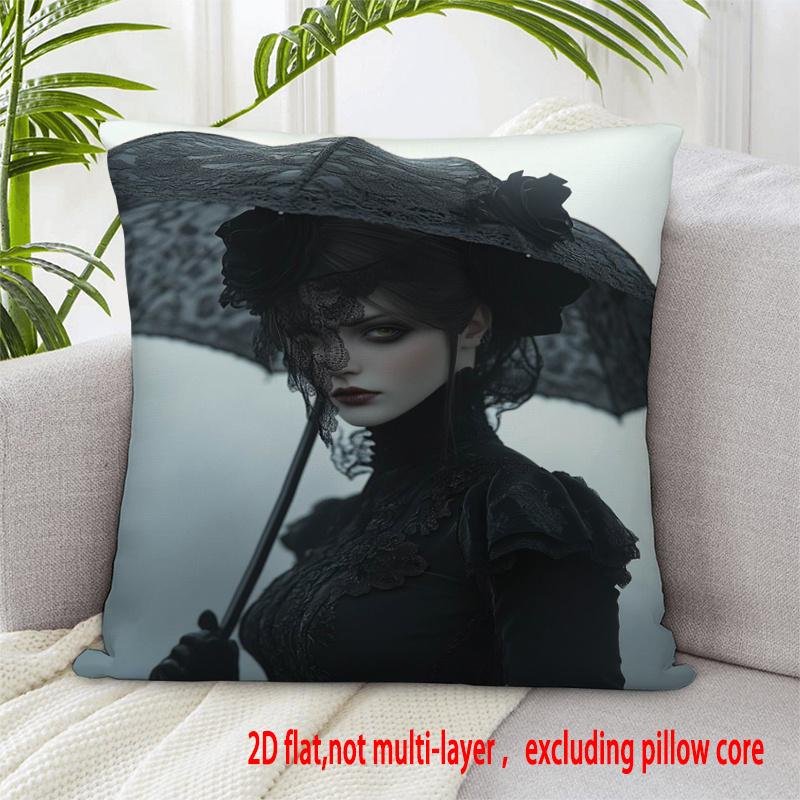 item picture 1pc gothic   double sided decorative pillow cover victorian inspired mysterious lady with lace   dark tones monochrome print zipper closure machine washable polyester   for bedroom living room dorm decor 2d flat