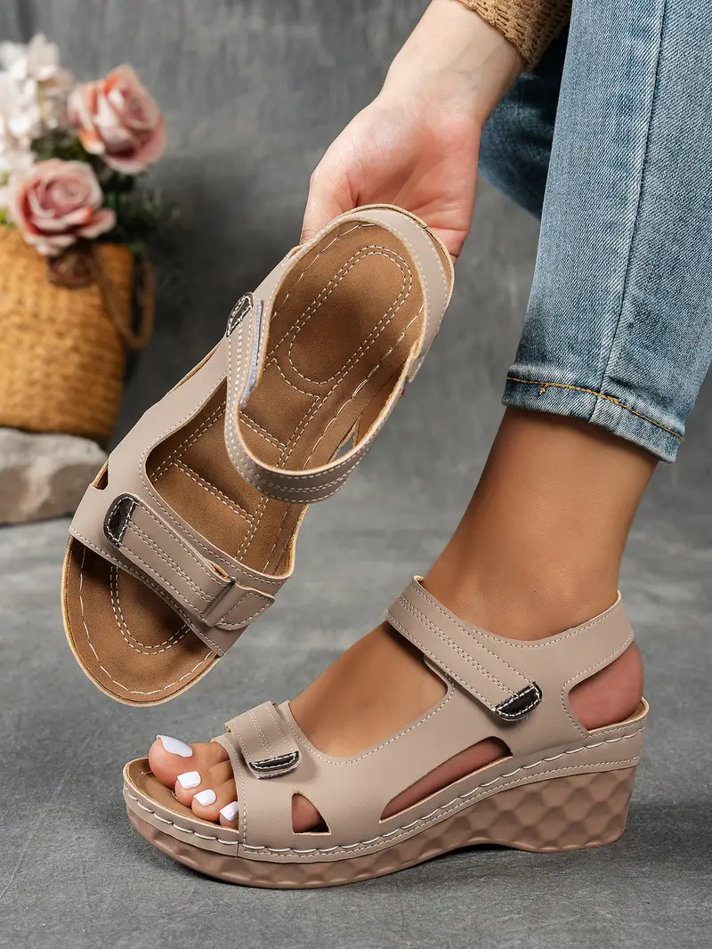 womens summer casual black sandals breathable pu cover open toe platform heel adjustable ankle strap with hook loop closure comfortable wedge heel stylish beach footwear for strappy sandals Product details 1