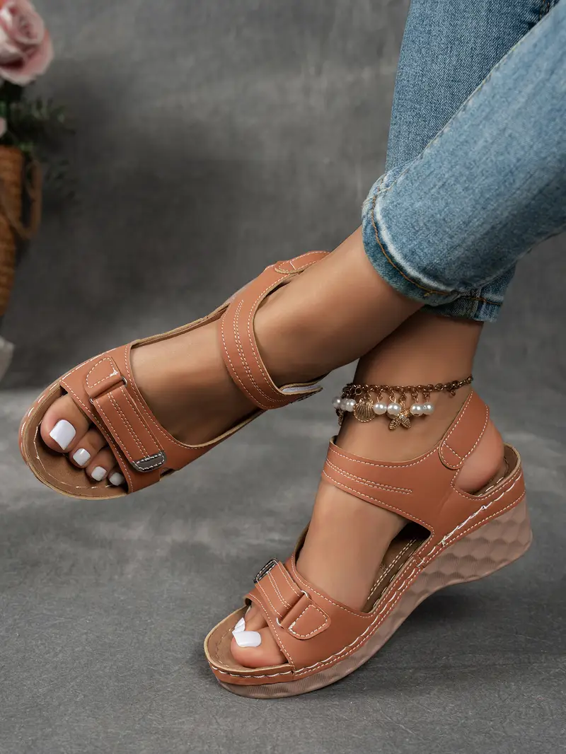 womens summer casual black sandals breathable pu cover open toe platform heel adjustable ankle strap with hook loop closure comfortable wedge heel stylish beach footwear for strappy sandals Product details 17