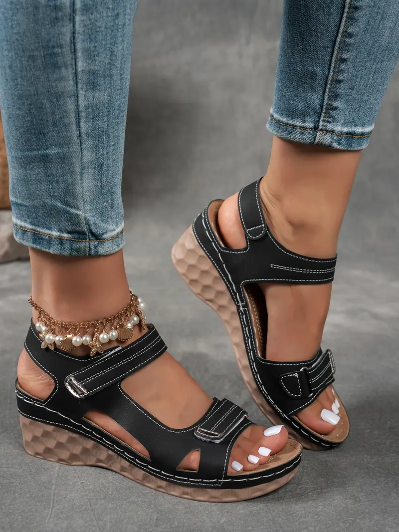 womens summer casual black sandals breathable pu cover open toe platform heel adjustable ankle strap with hook loop closure comfortable wedge heel stylish beach footwear for strappy sandals Product details 34