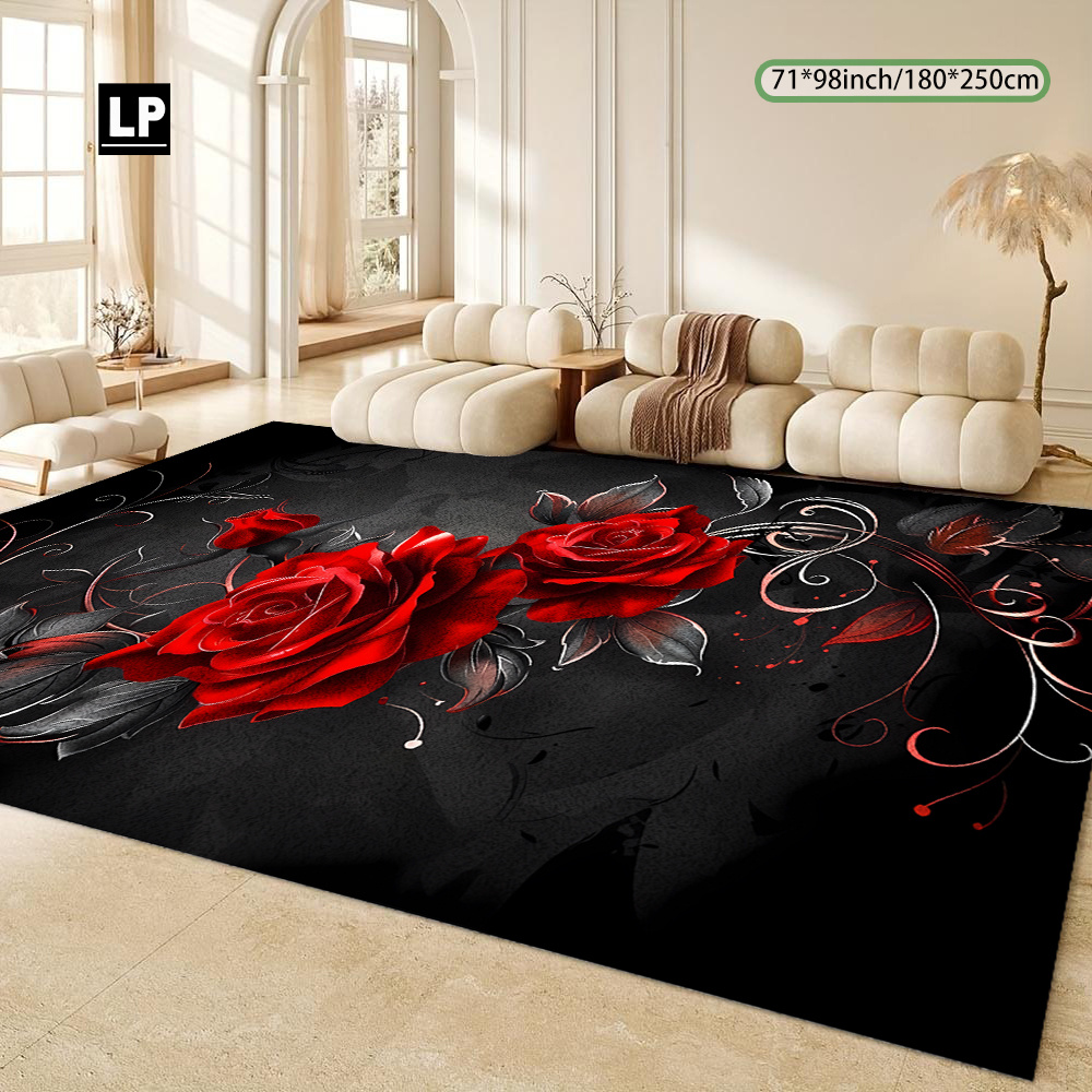 TEMU 850g/ã¡ , Vintage Red Rose Floral Pattern Mat Machine Washable Non-slip Thickened Durability Ultra Soft For Living Room/bedroom Office Decor