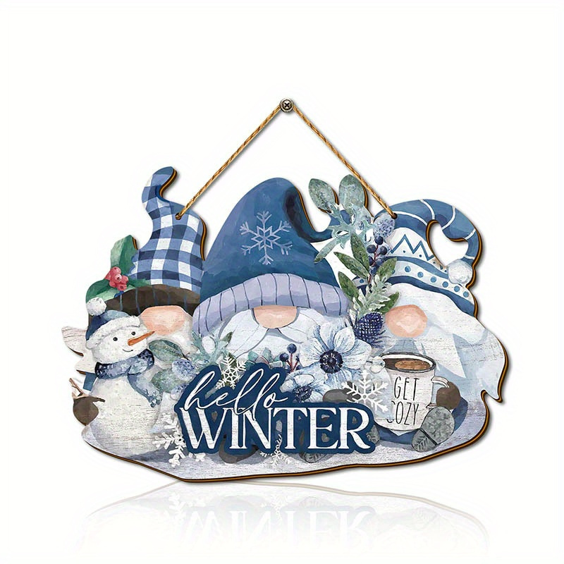TEMU 2d Flat - A 2d Flat Winter Gnome Sign Wall Art Decoration, 1 Set, Manufactured Wood Seasonal Gnome Statue, For Front Door Porch Decoration, No