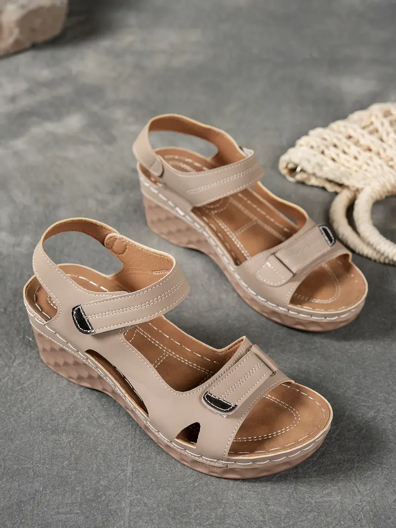 womens summer casual black sandals breathable pu cover open toe platform heel adjustable ankle strap with hook loop closure comfortable wedge heel stylish beach footwear for strappy sandals Product details 5