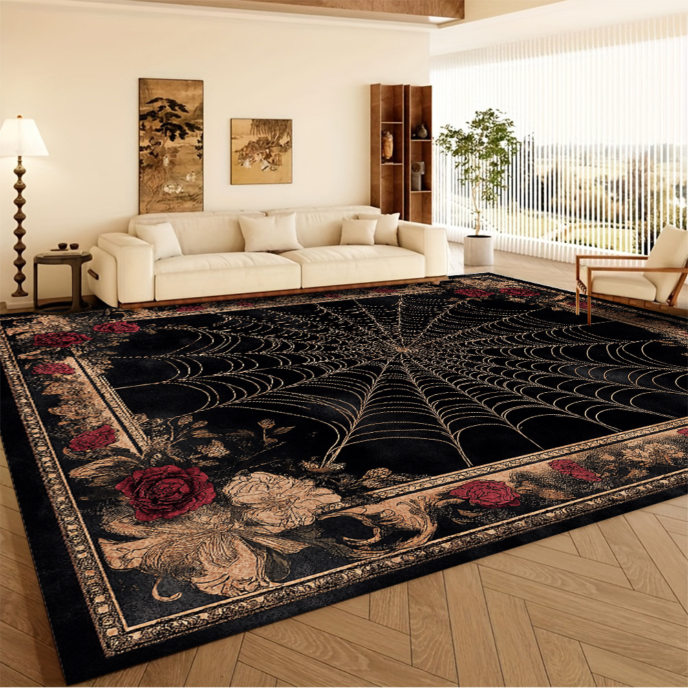 TEMU 1pc Large Gothic Black & Golden Web & Rose Area Mat - Luxury For Living Room, Bedroom, Office - Extra Large Floor Mat With Dark Brown/black/,