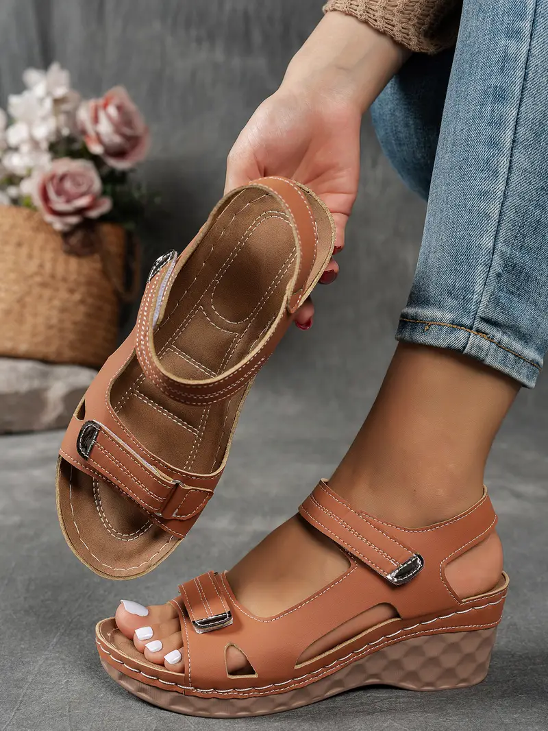 womens summer casual black sandals breathable pu cover open toe platform heel adjustable ankle strap with hook loop closure comfortable wedge heel stylish beach footwear for strappy sandals Product details 16