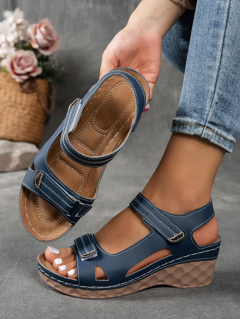womens summer casual black sandals breathable pu cover open toe platform heel adjustable ankle strap with hook loop closure comfortable wedge heel stylish beach footwear for strappy sandals Product details 11