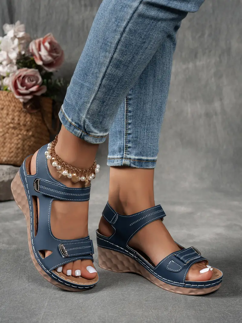 womens summer casual black sandals breathable pu cover open toe platform heel adjustable ankle strap with hook loop closure comfortable wedge heel stylish beach footwear for strappy sandals Product details 13
