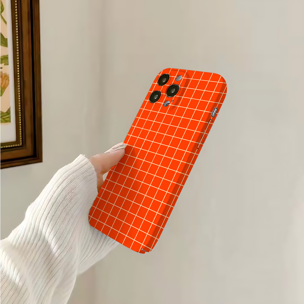 TEMU Orange Pinstriped Grid Phone Case For Iphone 16, 16e, 15, 14, 13, 12, 11 Mini/pro Max/x/xr/xs Max/8/7 Plus - Shockproof Hard Pc Back Cover With