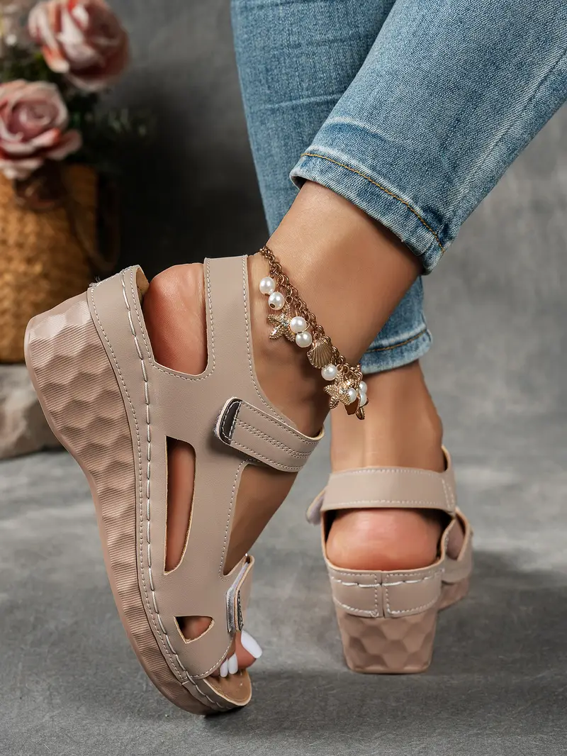womens summer casual black sandals breathable pu cover open toe platform heel adjustable ankle strap with hook loop closure comfortable wedge heel stylish beach footwear for strappy sandals Product details 4