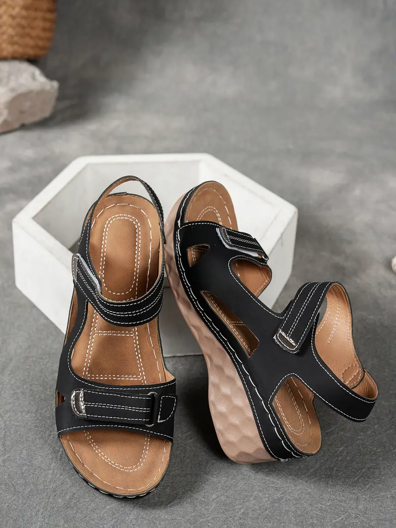 womens summer casual black sandals breathable pu cover open toe platform heel adjustable ankle strap with hook loop closure comfortable wedge heel stylish beach footwear for strappy sandals Product details 35