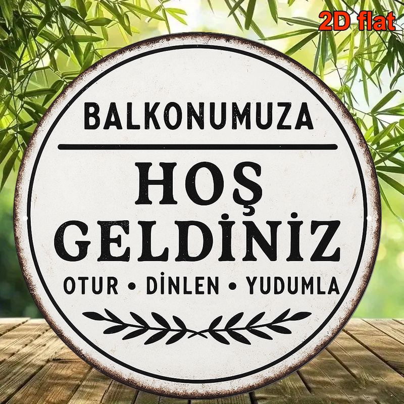 E-shop 2D-Flach, . Türkisches Willkommensschild – Vintage türkischer Spruch „Hoş Geldiniz“ ( ist „ Güzel“) Metall-Wanddekor – 20 cm runde schwarz-weiße
