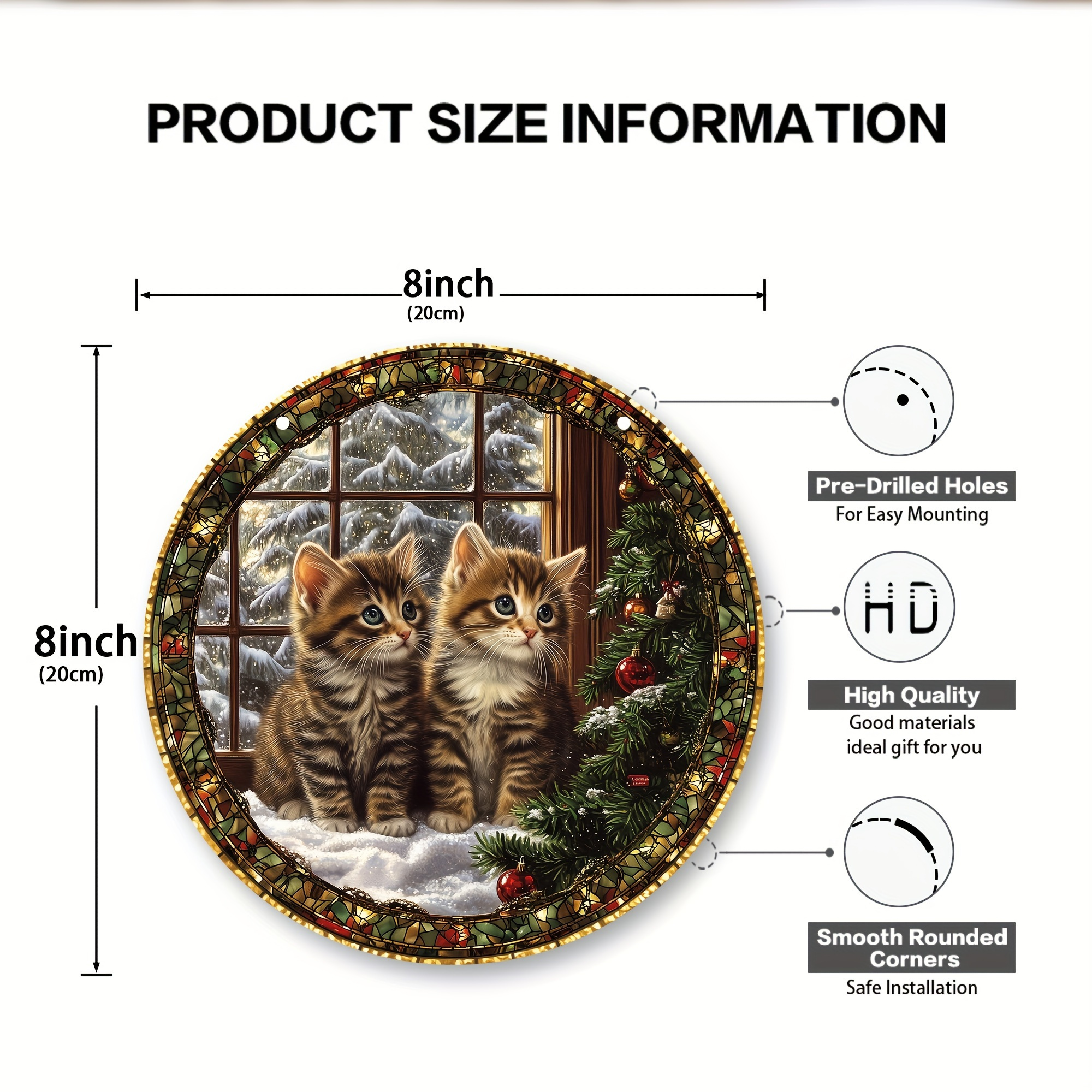 TEMU 2d Flat - A 2d Christmas Halo Ornament With A Kitten - 8 Inch Round Decorative Hanging Window Art Catcher, Animal Themed Acrylic Effect, Festive