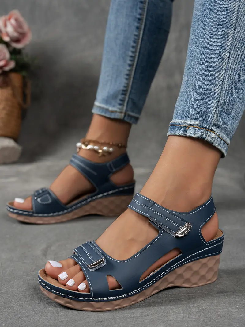 womens summer casual black sandals breathable pu cover open toe platform heel adjustable ankle strap with hook loop closure comfortable wedge heel stylish beach footwear for strappy sandals Product details 12