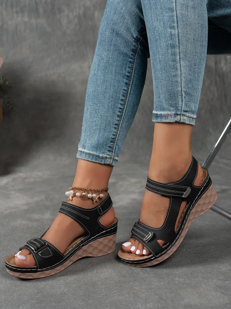 womens summer casual black sandals breathable pu cover open toe platform heel adjustable ankle strap with hook loop closure comfortable wedge heel stylish beach footwear for strappy sandals Product details 32