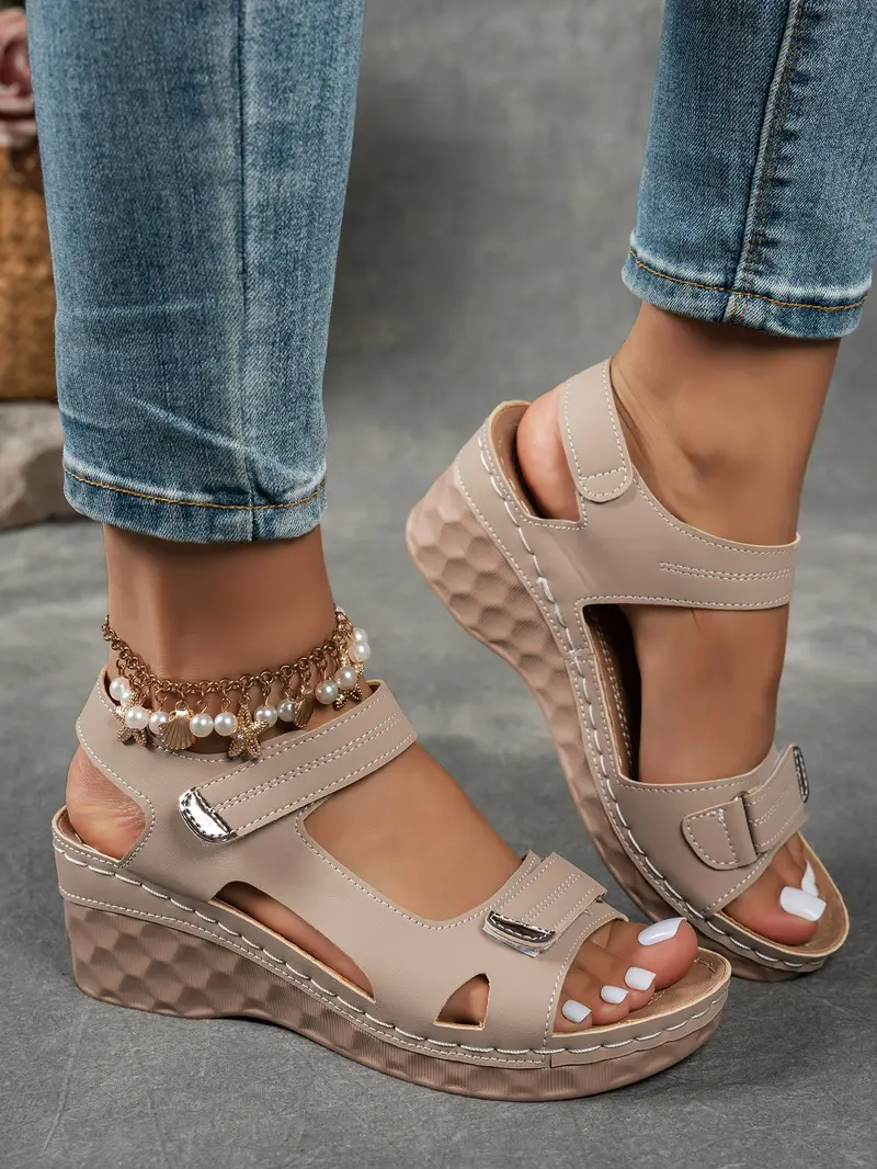 womens summer casual black sandals breathable pu cover open toe platform heel adjustable ankle strap with hook loop closure comfortable wedge heel stylish beach footwear for strappy sandals Product details 3