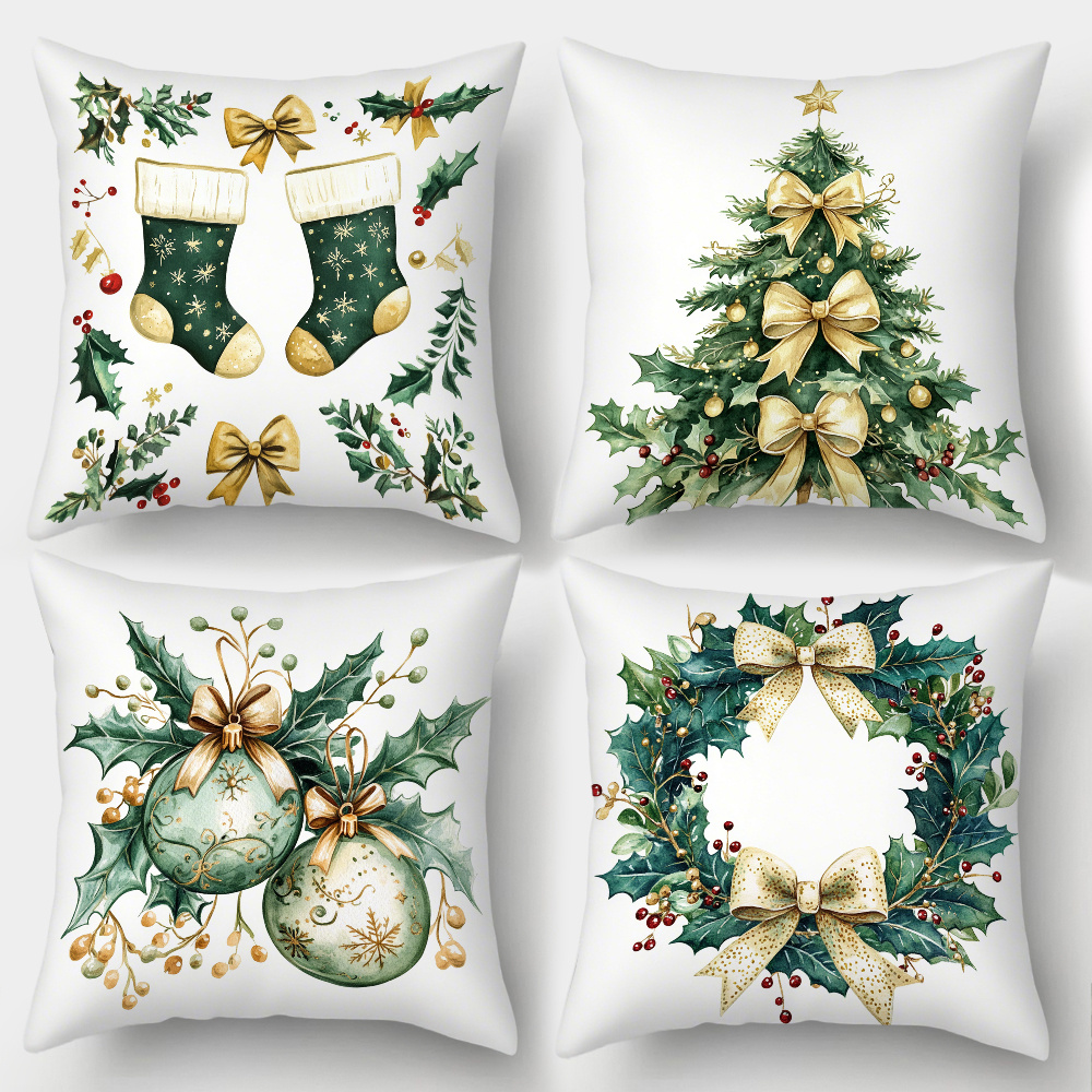 TEMU 4 housses de coussin de Noël - Décorations festives vert et doré avec arbre, couronne, chaussette et nœud - 17.7x17.7 pouces en polyester doux