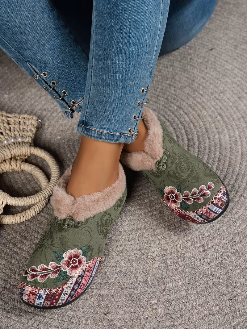 womens low heel floral pattern slippers light green pink soft fabric and lining thickened shock absorbing insole comfortable indoor outdoor house shoes hand pull plush slipper wear for women women shoes for fall wide width boots for women designer shoes for women low heel boots for women Product details 26