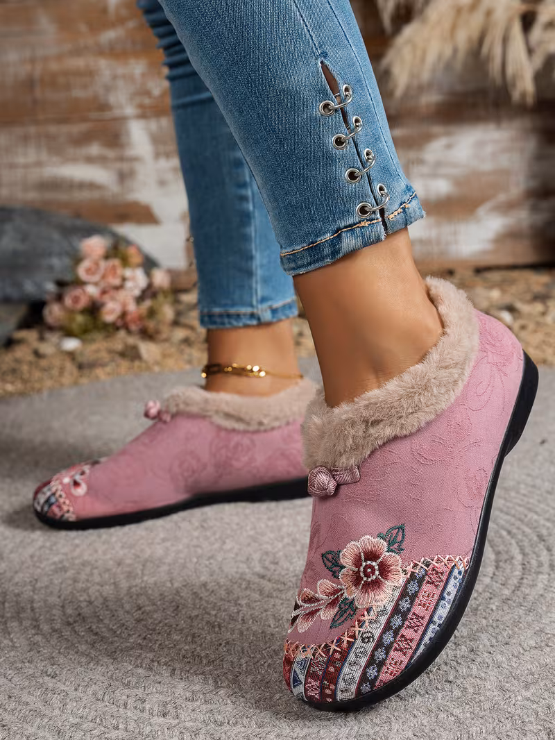 womens low heel floral pattern slippers light green pink soft fabric and lining thickened shock absorbing insole comfortable indoor outdoor house shoes hand pull plush slipper wear for women women shoes for fall wide width boots for women designer shoes for women low heel boots for women Product details 3