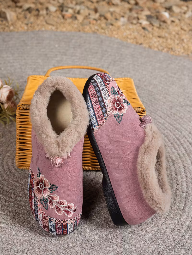 womens low heel floral pattern slippers light green pink soft fabric and lining thickened shock absorbing insole comfortable indoor outdoor house shoes hand pull plush slipper wear for women women shoes for fall wide width boots for women designer shoes for women low heel boots for women Product details 4