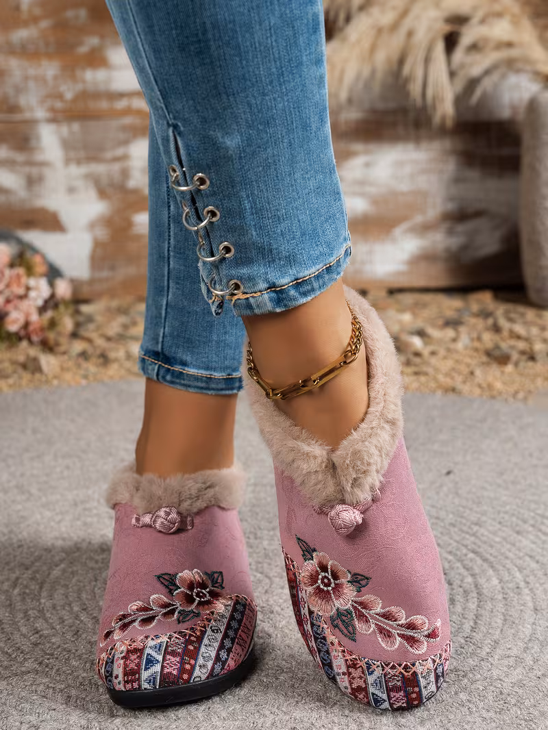 womens low heel floral pattern slippers light green pink soft fabric and lining thickened shock absorbing insole comfortable indoor outdoor house shoes hand pull plush slipper wear for women women shoes for fall wide width boots for women designer shoes for women low heel boots for women Product details 2