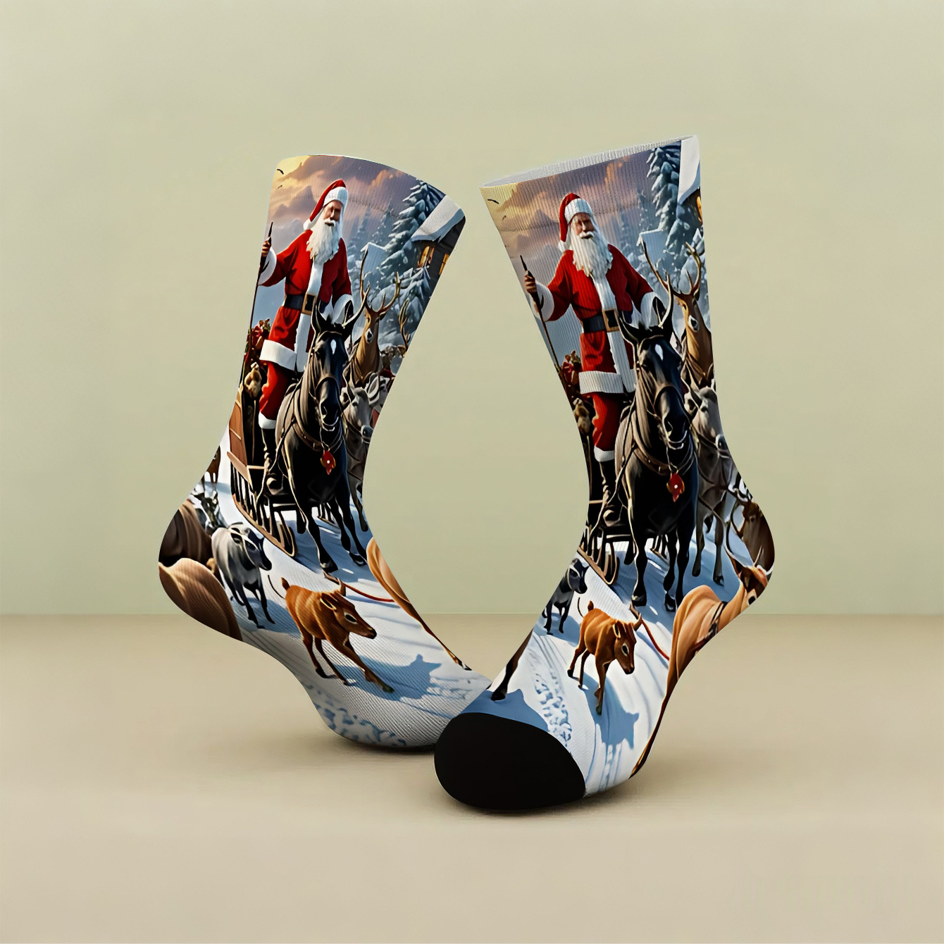 TEMU 1 Pair Christmas Santa Claus Sleigh & Reindeer Print Mid-calf Socks - With Snowy Landscape - Festive Holiday Gifts For Men, Women, Couples -