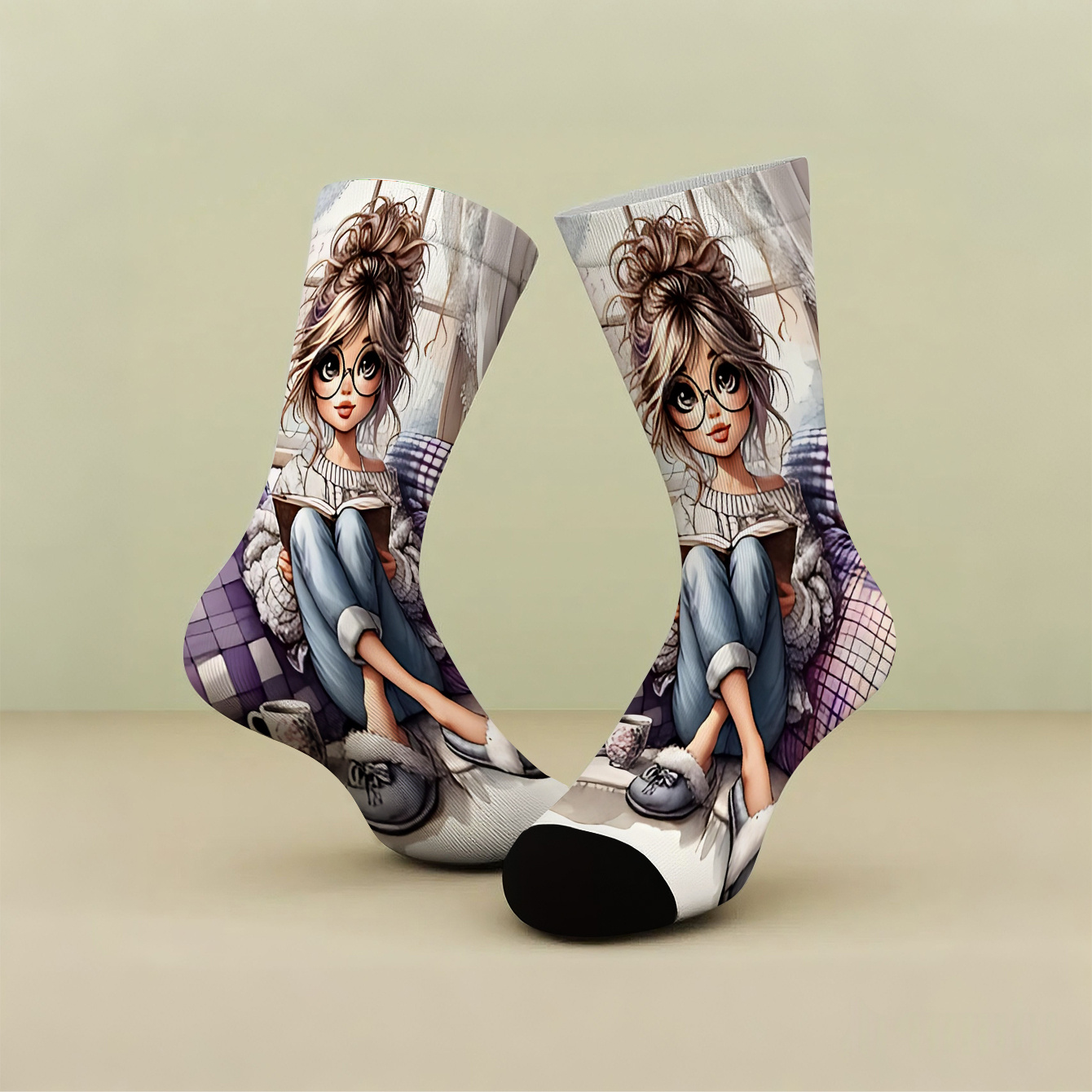 1 Pair Unisex Printed Crew Socks With Reading On A Sofa. Fashionable And Versatile, Perfect For Christmas, Halloween, Back-to-school, And Birthdays