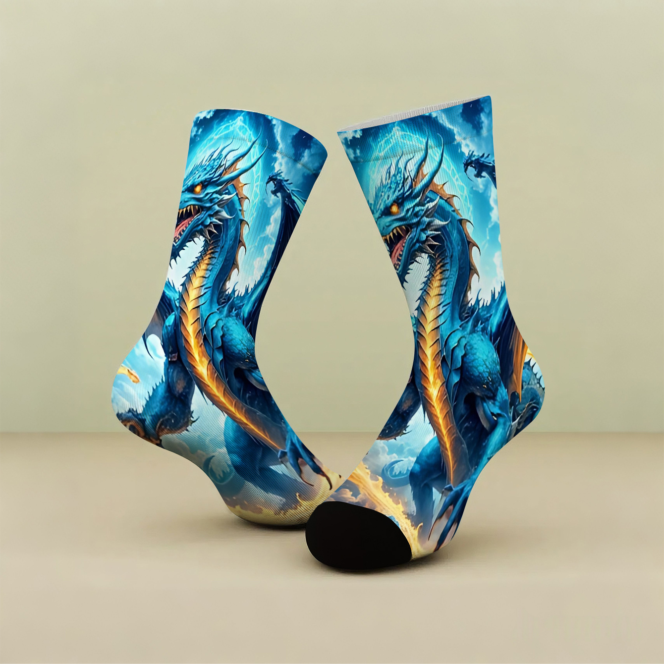 TEMU 1 Pair Printed Socks, Blue Dragon Pattern Unisex Printed Couple Socks, Mid Tube Socks, Fashionable And Versatile, Suitable For Family/ /couples