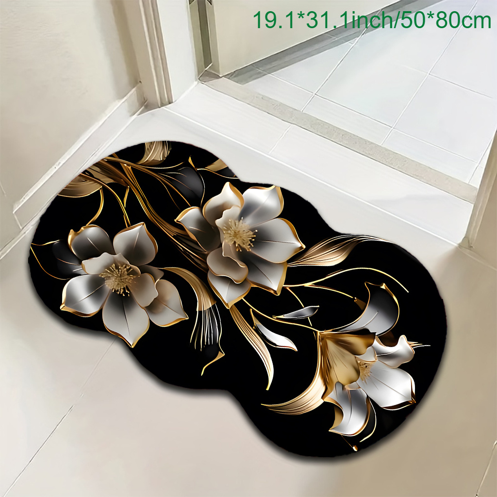 TEMU 1pc Elegant Black & Golden Floral Area Mat - Luxurious Polyester, Non-slip, Machine Washable, Perfect For Living Room, Bedroom, Or Office Decor,