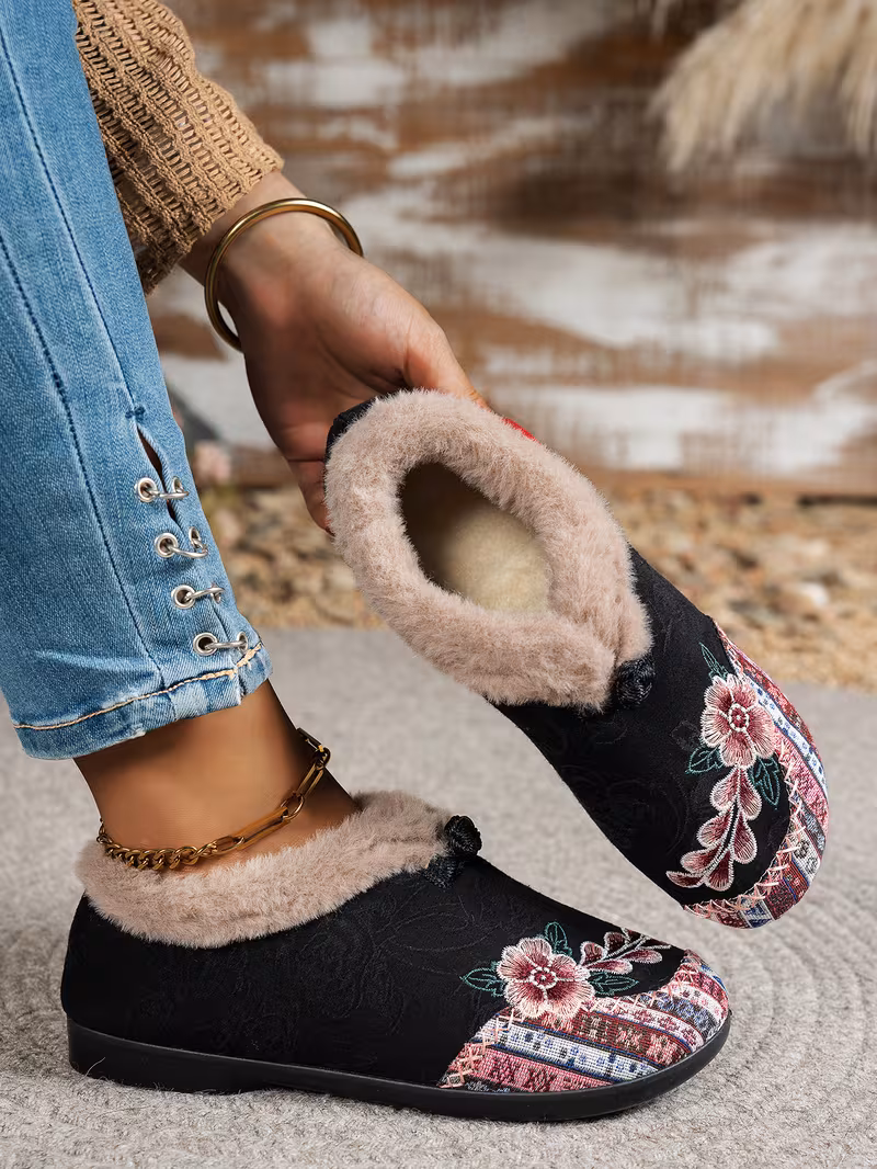 womens low heel floral pattern slippers light green pink soft fabric and lining thickened shock absorbing insole comfortable indoor outdoor house shoes hand pull plush slipper wear for women women shoes for fall wide width boots for women designer shoes for women low heel boots for women Product details 6