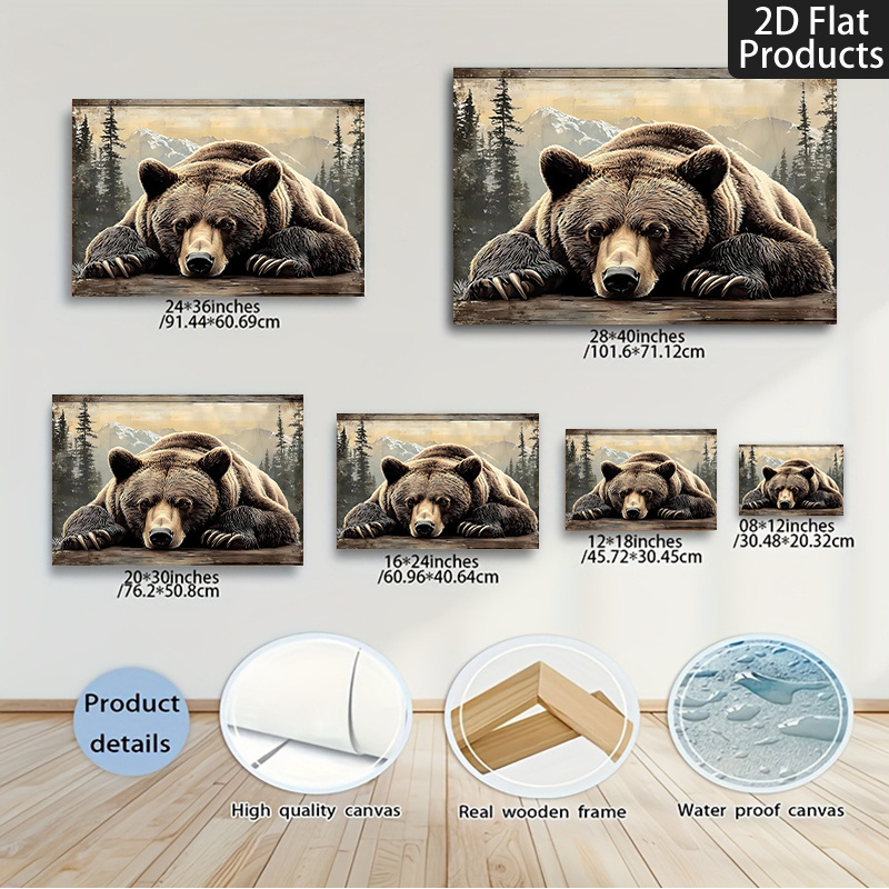 TEMU 2d Flat, 2d Flat, 2d Flat 1pc Featuring A Stunning Bear In A Wild Setting, With A High-quality Pine Wood Frame. This Unique Piece Makes For A