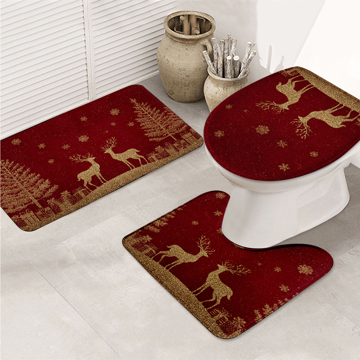TEMU Christmas Bathroom Rug Set Of 3, And Trees On Red, 3pcs Bath Mats Set For Bathroom, Christmas Decoration, Washable Cover Floor Rug Decorations