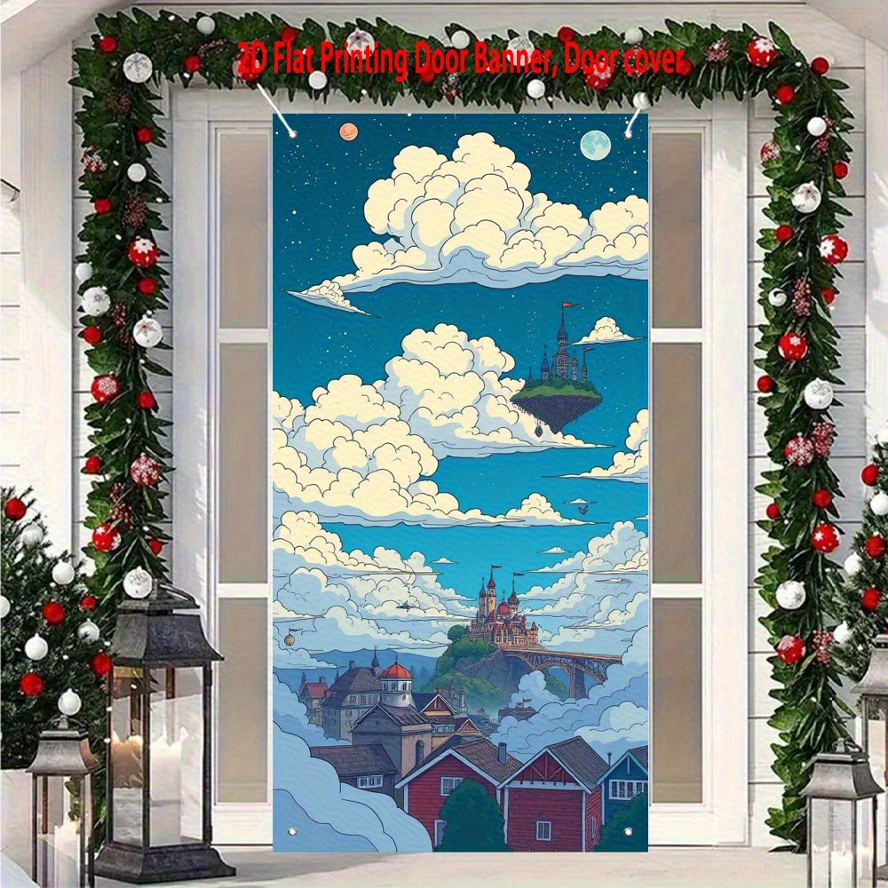 2D Flat, 1 Roll Night Sky Fantasy Castle & Hot Air Balloons Party Banner - Turquoise Blue & Golden 2D Flat Hanging Decoration with Clouds, Moon & Stars - Easy to Hang for Weddings, Birthdays, Christmas, New Year's, Indoor/Outdoor Door & Wall Decorations - Night-Themed Party Backdrop Showers, Baptisms, and More - Magical Night Sky Design with Luminous Moon & Floating Clouds, 2D Flat
