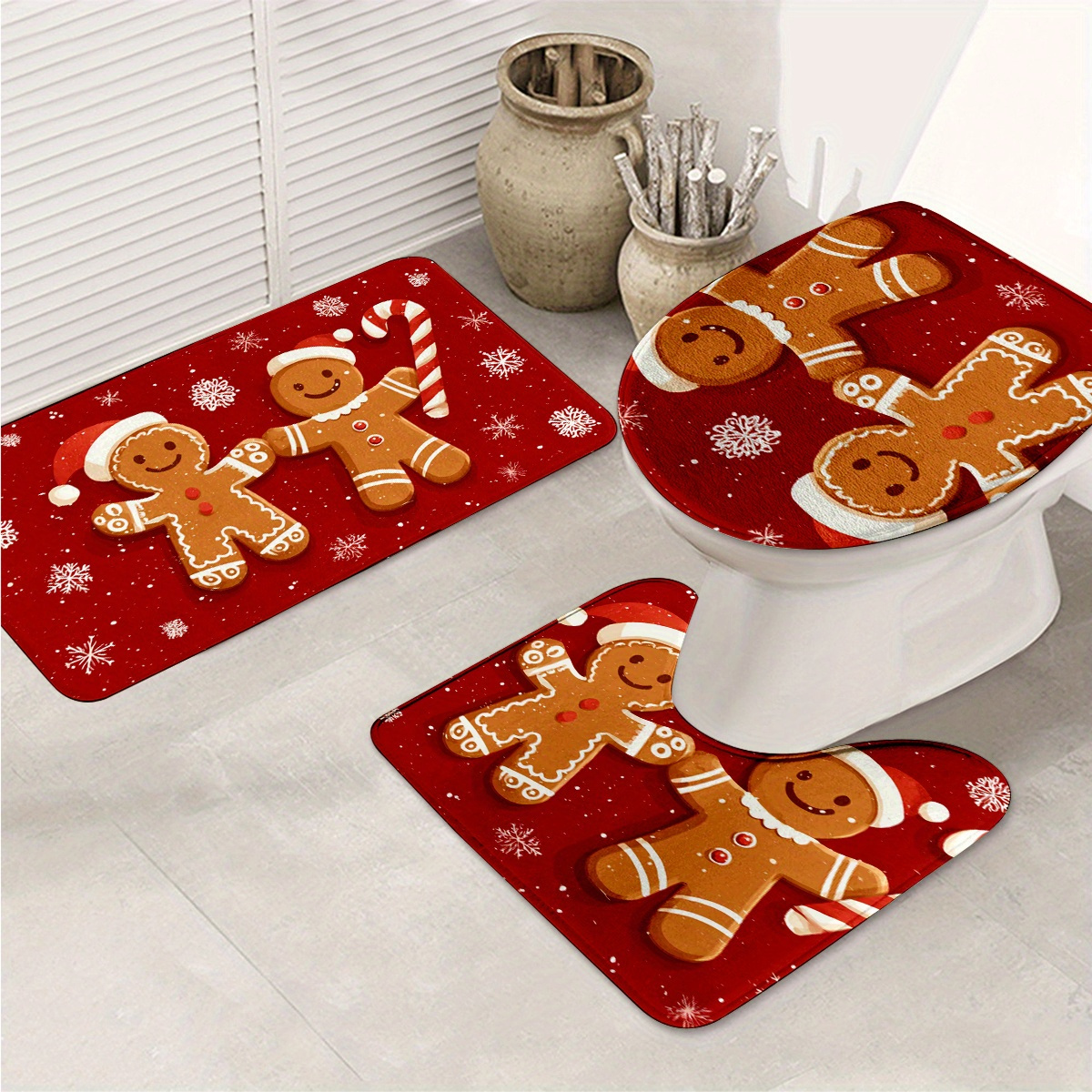 TEMU Christmas Bathroom Rug Set Includes 3 Pieces, Featuring 2 Gingerbread Men Wearing Santa Hats, Surrounded By Candy. This Set Is Suitable For The