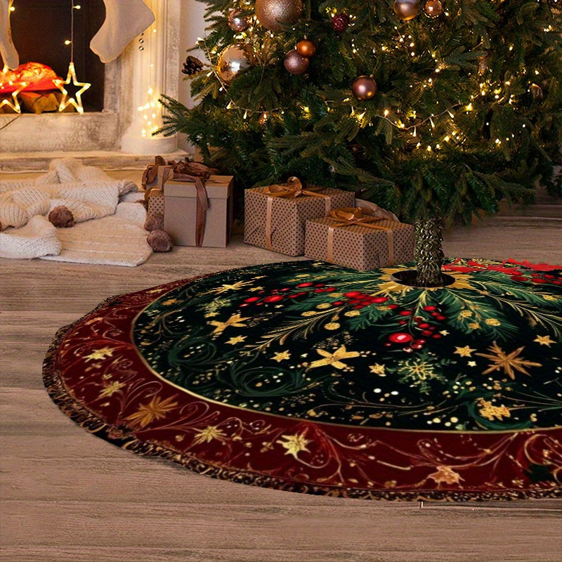TEMU 1pc Christmas Tree Skirt, Ornate Holly Leaf Mandala Vintage Festive Tree Skirt, Holiday Party Indoor Decoration Xmas Home Decor_aa1108240070