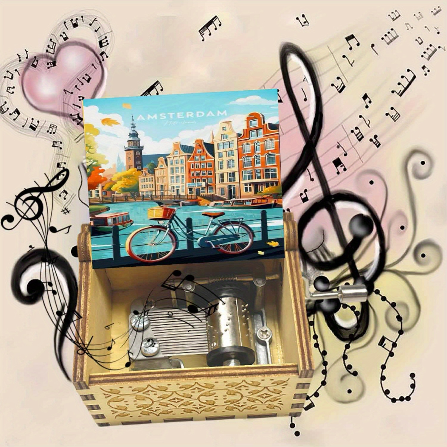 TEMU 1pc Vintage Wooden Hand-cranked Music Box, Amsterdam Canal Pattern, Play , Music Box Gift For , Ideal For Birthdays, Thanksgiving Day, Christmas