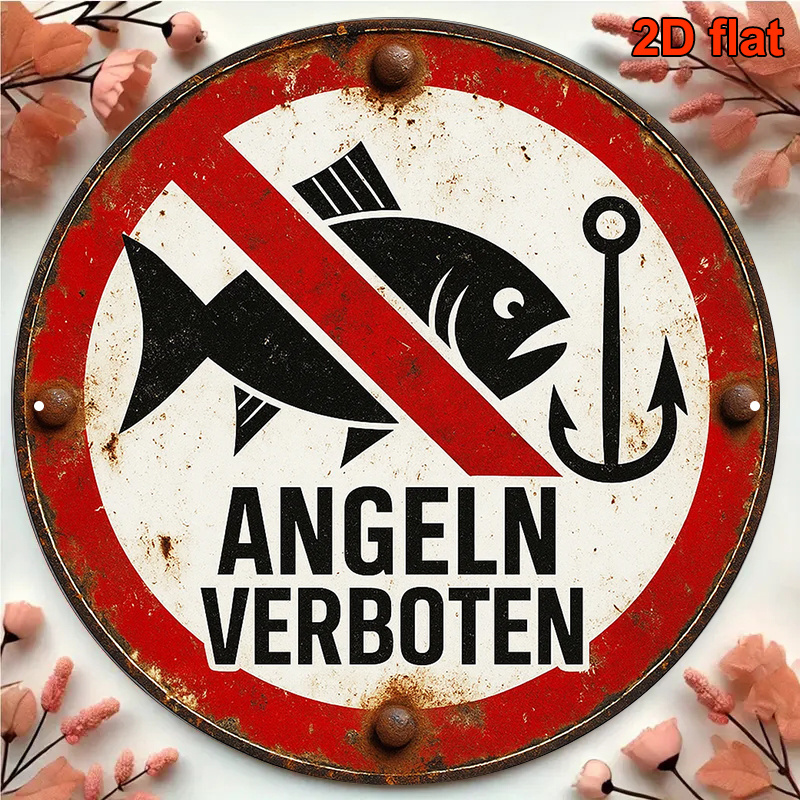E-shop 2D Flat - Dekoratives Schild im Vintage-Stil in einer Größe von 20,32 x 20,32 cm, mit einer runden Aluminiumplakette, die "Kein Angeln"
