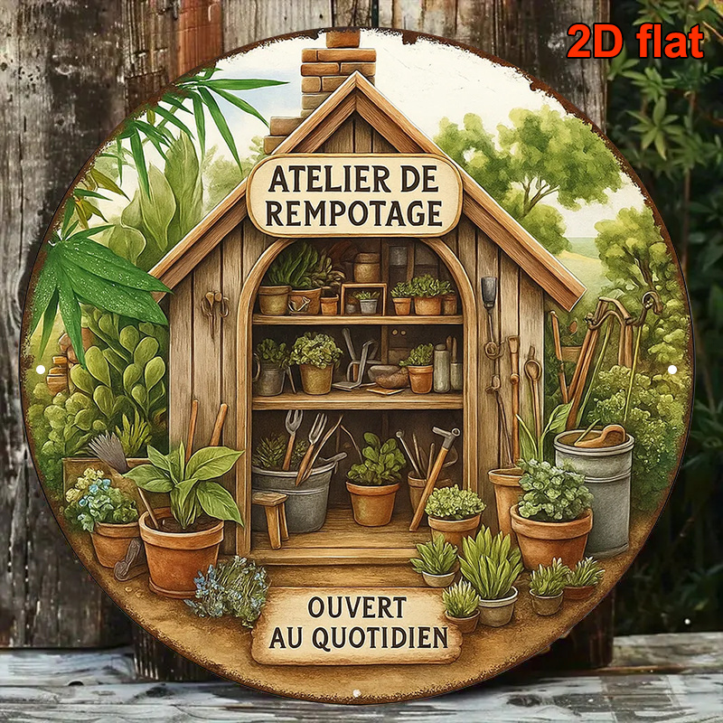 TEMU Plaque métallique plate 2D, 1 pièce, Studio de jardin vintage - 20,32x20,32cm, art rond en aluminium rustique pour abri de jardin avec français