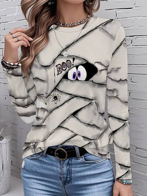 full body bandage cute eyes casual fashionable and versatile full print graphic t shirt long sleeved round neck casual top spring and autumn womens clothing 085 positioning