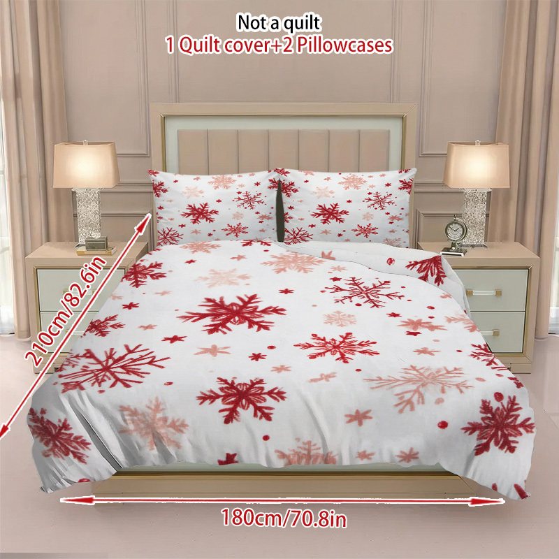 3pcs Winter Bedding Set - Red & Grey Snowflake Pattern, Machine Washable All-Season Duvet Cover & Pillowcases (1 +2) for Christmas, New Year's Decor - Bedding Basics Collection, Holiday Bedroom, Guest Room Essentials, Festive Design, Easycare Fabric, Durable Material, Seasonal Gift Buyers, Home Decorators, 2D Flat