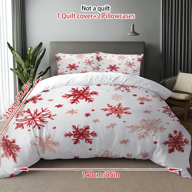 3pcs Winter Bedding Set - Red & Grey Snowflake Pattern, Machine Washable All-Season Duvet Cover & Pillowcases (1 +2) for Christmas, New Year's Decor - Bedding Basics Collection, Holiday Bedroom, Guest Room Essentials, Festive Design, Easycare Fabric, Durable Material, Seasonal Gift Buyers, Home Decorators, 2D Flat